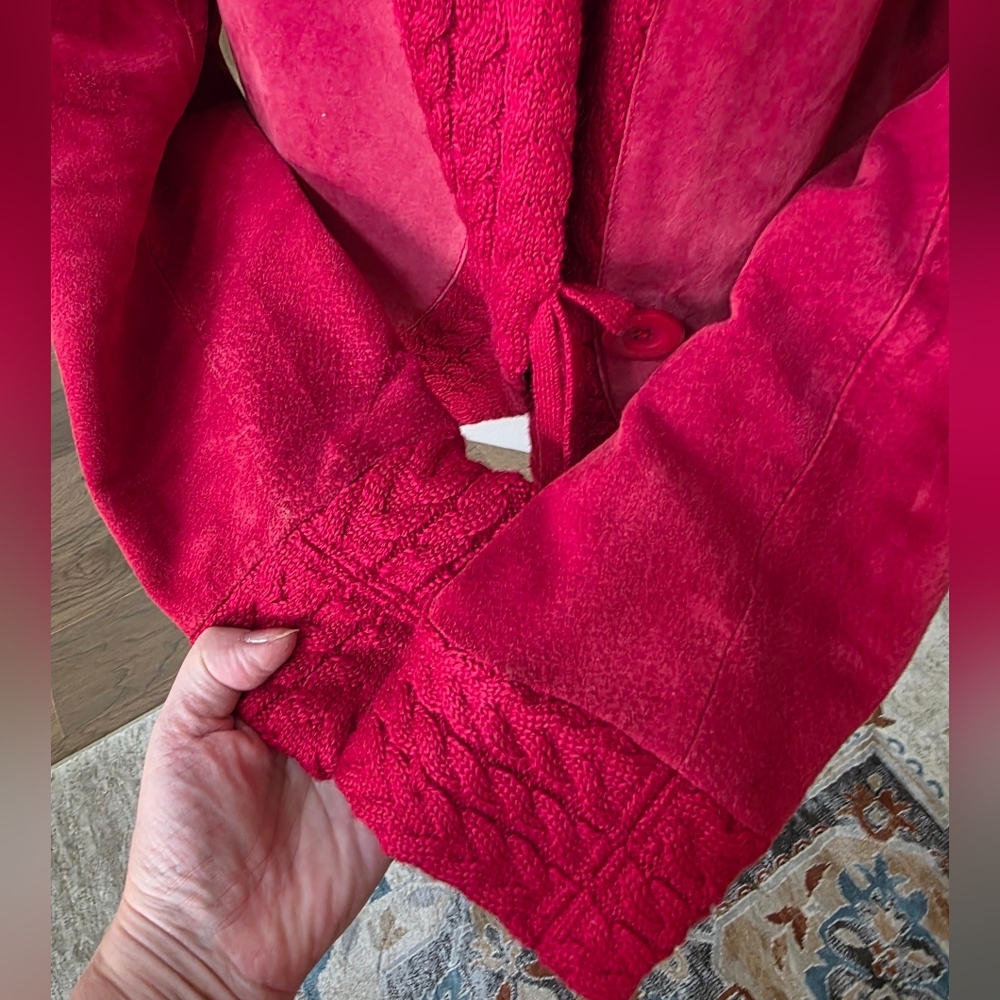 Coldwater Creek Red Suede Leather Cable Knit Jacket Size Large L - Picture 10 of 16